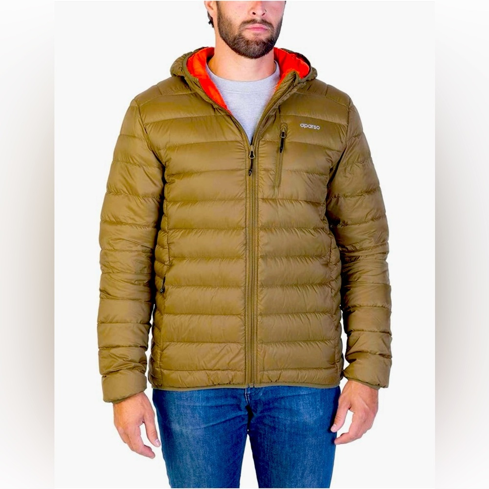 APARSO Men’s XL Rip-Stop Down Puffer Jacket w/Hood in Olive with Orange lining